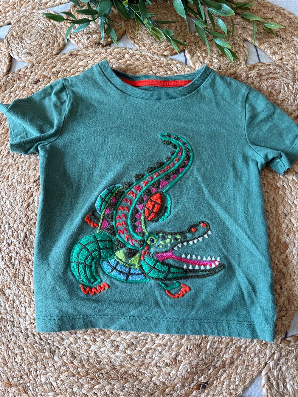 Mini Boden Teal Superstitch Alligator Patchwork Crew Cotton Tee. 3T-4T